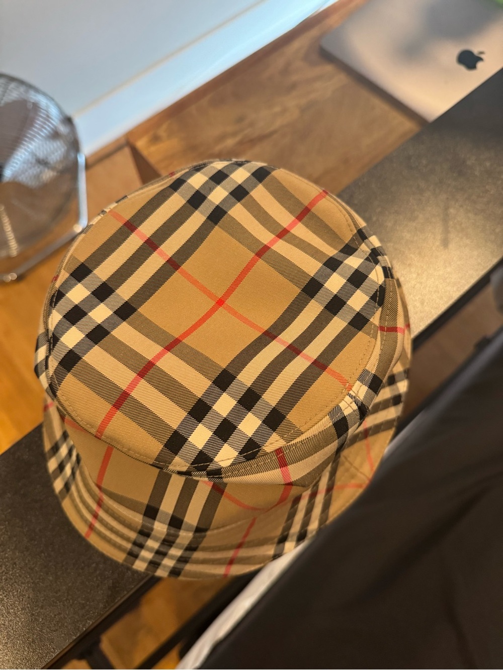 Burberry Tan Plaid Bucket Hat with Black & Red Accents - Picture 7 of 10